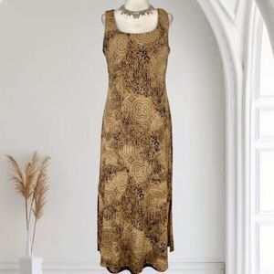 Euro Summer Pinterest Brown Tan Boho Mesh Animal Print Midi Maxi Vintage Dress L